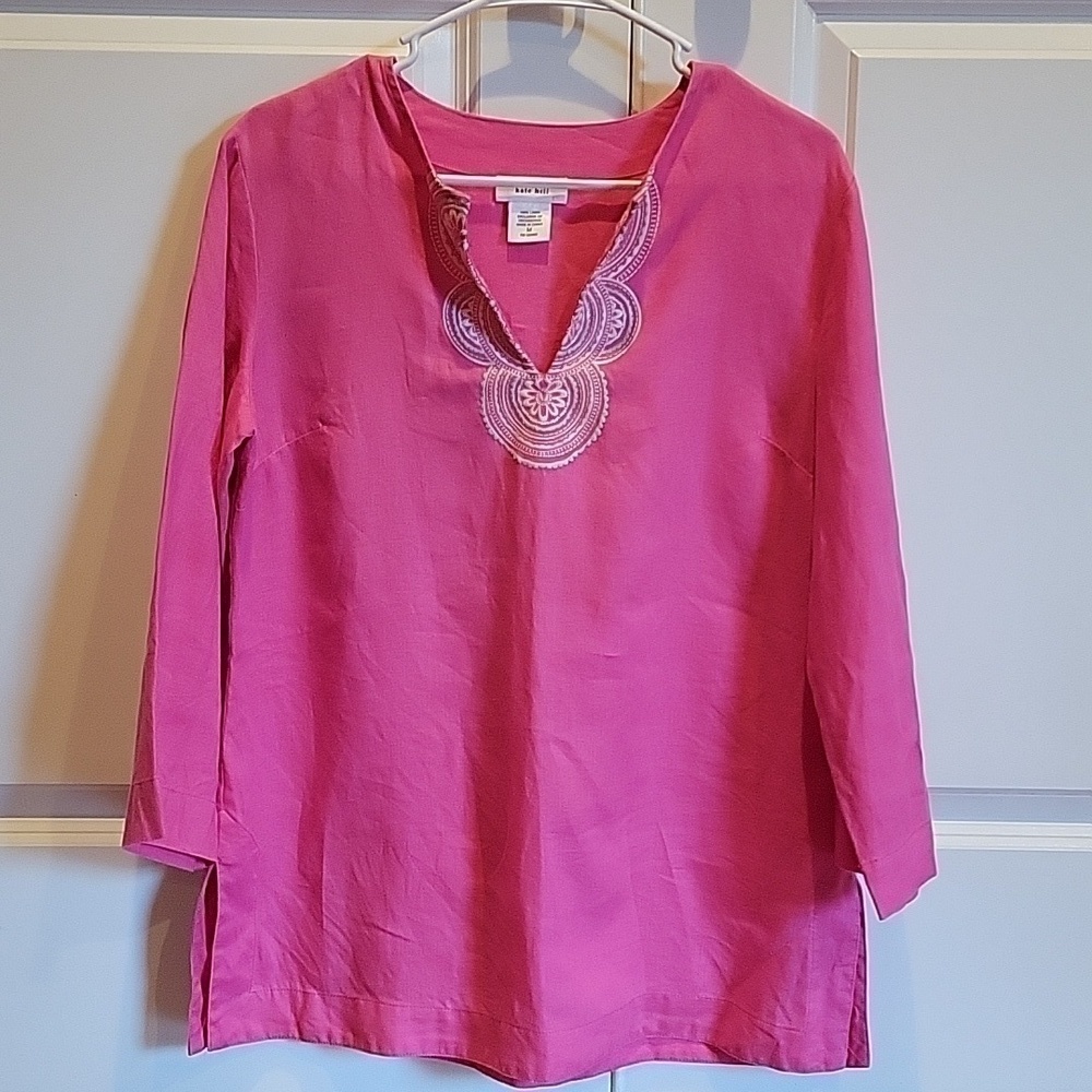 KATE HILL Linen Pink V-Neck Boxy Shirt 3/4 Sleeves sz medium